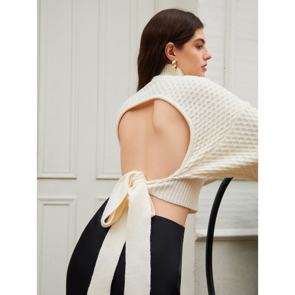 Commense Tie Back Mock Neck Sweater Open Back Textured Knit Beige Size Large